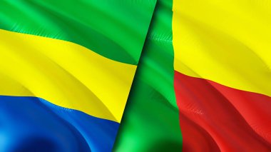 Gabon ve Benin bayrakları. 3 boyutlu dalgalanan bayrak tasarımı. Gabon Benin bayrağı, resim, duvar kağıdı. Gabon, Benin 'e karşı. Görüntü 3 boyutlu. Gabon Benin ilişkileri ittifak ve ticaret, seyahat, turizm konsepti