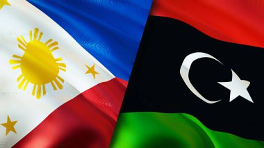 Filipinler ve Libya bayrakları. 3 boyutlu dalgalanan bayrak tasarımı. Filipinler Libya bayrağı, resim, duvar kağıdı. Filipinler Libya 'ya karşı, görüntü 3D. Filipinler Libya ilişkileri ittifak ve ticaret, seyahat, turnuva