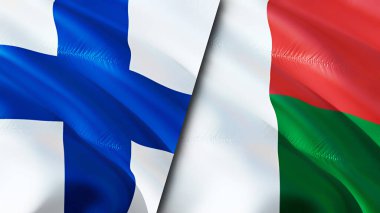 Finlandiya ve Madagaskar bayrakları. 3 boyutlu dalgalanan bayrak tasarımı. Finlandiya Madagaskar bayrağı, resim, duvar kağıdı. Finlandiya, Madagaskar imajına karşı, 3 boyutlu canlandırma. Finlandiya Madagaskar ilişkileri bir ittifak