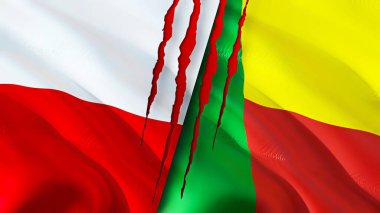 Yara izi olan Polonya ve Benin bayrakları. Dalgalanan bayrak, 3 boyutlu görüntüleme. Polonya ve Benin çatışma konsepti. Polonya Benin ilişkileri kavramı. Polonya bayrağı ve Benin krizi, savaş, saldırı konsepti