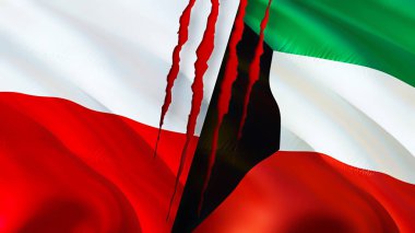 Polonya ve Kuveyt bayraklarında yara izi var. Dalgalanan bayrak, 3 boyutlu görüntüleme. Polonya ve Kuveyt çatışma konsepti. Polonya Kuveyt ilişkileri kavramı. Polonya bayrağı ve Kuveyt krizi, savaş, saldırı konsepti