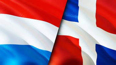 Lüksemburg ve Dominik Cumhuriyeti bayrakları. 3 boyutlu dalgalanan bayrak tasarımı. Lüksemburg Dominik Cumhuriyeti bayrağı, resim, duvar kağıdı. Lüksemburg, Dominik Cumhuriyeti imajına karşı, 3D görüntüleme. Lüksemburg Dominika