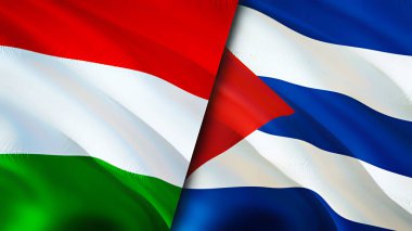 Macaristan ve Küba bayrakları. 3 boyutlu dalgalanan bayrak tasarımı. Macaristan Küba bayrağı, resim, duvar kağıdı. Macaristan, Küba imajına karşı, 3D görüntüleme. Macaristan Küba ilişkileri ittifak ve ticaret, seyahat, turizm konsepti