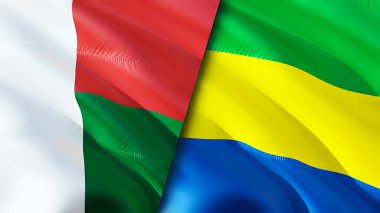 Madagaskar ve Gabon bayrakları. 3 boyutlu dalgalanan bayrak tasarımı. Madagaskar Gabon bayrağı, resim, duvar kağıdı. Madagaskar, Gabon 'a karşı, görüntü 3 boyutlu. Madagaskar Gabon ilişkileri ittifak ve ticaret, seyahat, turnuva