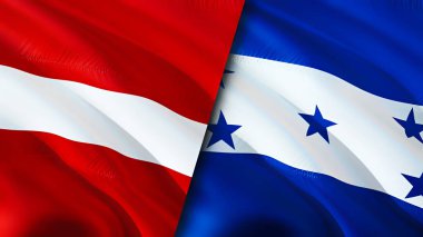 Letonya ve Honduras bayrakları. 3 boyutlu dalgalanan bayrak tasarımı. Letonya Honduras bayrağı, resim, duvar kağıdı. Letonya vs Honduras resmi, 3 boyutlu görüntüleme. Letonya Honduras ilişkileri ittifak ve ticaret, seyahat, turizm konsepti