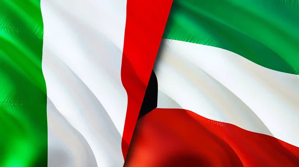 Italy and Kuwait flags. 3D Waving flag design. Italy Kuwait flag, picture, wallpaper. Italy vs Kuwait image,3D rendering. Italy Kuwait relations alliance and Trade,travel,tourism concep