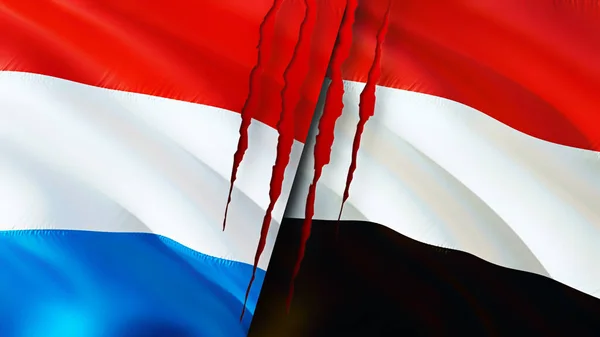 Bandeiras Luxemburgo Iémen Com Conceito Cicatriz Bandeira Ondulada Renderização Conceito — Fotografia de Stock