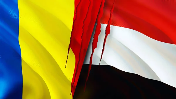 Bandeiras Roménia Iémen Com Conceito Cicatriz Bandeira Ondulada Renderização Conceito — Fotografia de Stock