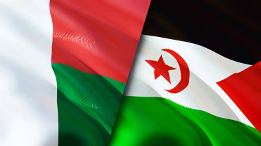 Madagaskar ve Batı Sahra bayrakları. 3 boyutlu dalgalanan bayrak tasarımı. Madagaskar Batı Sahra bayrağı, resim, duvar kağıdı. Madagaskar, Batı Sahra 'ya karşı, görüntü 3 boyutlu. Madagaskar Batı Sahra ilişkisi