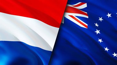Hollanda ve Cook Adaları bayrakları. 3 boyutlu dalgalanan bayrak tasarımı. Hollanda Cook Adaları bayrağı, resim, duvar kağıdı. Hollanda, Cook Adaları 'na karşı. Görüntü 3D. Hollanda Cook Adaları ilişkisi