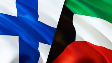 Finlandiya ve Kuveyt bayrakları. 3 boyutlu dalgalanan bayrak tasarımı. Finlandiya Kuveyt bayrağı, resim, duvar kağıdı. Finlandiya Kuveyt 'e karşı, görüntü 3D. Finlandiya Kuveyt ilişkileri ittifak ve ticaret, seyahat, turizm danışmanlığı