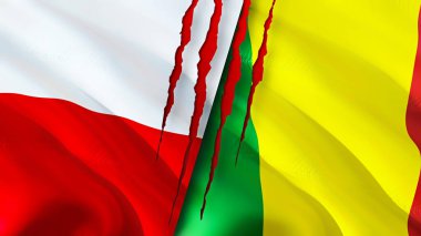 Yara izi olan Polonya ve Mali bayrakları. Dalgalanan bayrak, 3 boyutlu görüntüleme. Polonya ve Mali çatışma konsepti. Polonya Mali ilişkileri kavramı. Polonya bayrağı ve Mali krizi, savaş, saldırı konsepti