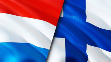 Lüksemburg ve Finlandiya bayrakları. 3 boyutlu dalgalanan bayrak tasarımı. Lüksemburg Finlandiya bayrağı, resim, duvar kağıdı. Lüksemburg, Finlandiya 'ya karşı imaj, 3D görüntüleme. Lüksemburg ile Finlandiya arasındaki ittifak