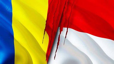 Romanya ve Monako bayrakları yara izi kavramına sahip. Dalgalanan bayrak, 3 boyutlu görüntüleme. Romanya ve Monako çatışma konsepti. Romanya Monako ilişkileri kavramı. Romanya bayrağı ve Monako krizi, savaş, saldırı konsepti