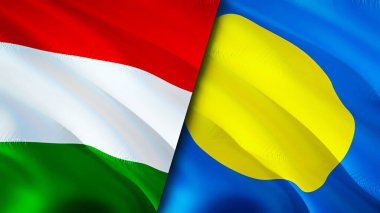 Macaristan ve Palau bayrakları. 3 boyutlu dalgalanan bayrak tasarımı. Macaristan Palau bayrağı, resim, duvar kağıdı. Macaristan, Palau 'ya karşı, görüntü 3 boyutlu. Macaristan Palau ilişkileri ittifak ve ticaret, seyahat, turizm konsepti