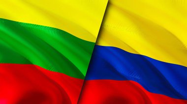 Litvanya ve Kolombiya bayrakları. 3 boyutlu dalgalanan bayrak tasarımı. Litvanya Kolombiya bayrağı, resim, duvar kağıdı. Litvanya, Kolombiya 'ya karşı, görüntü 3 boyutlu. Litvanya Kolombiya İlişkiler Birliği