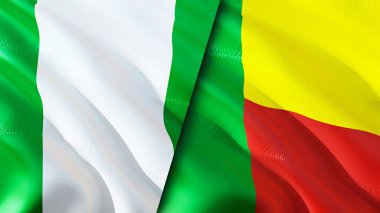 Nijerya ve Benin bayrakları. 3 boyutlu dalgalanan bayrak tasarımı. Nijerya Benin bayrağı, resim, duvar kağıdı. Nijerya, Benin imajına karşı, 3D görüntüleme. Nijerya Benin ilişkileri ittifak ve ticaret, seyahat, turizm konsepti