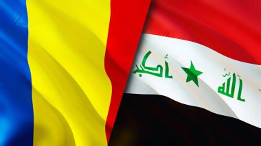 Romanya ve Irak bayrakları. 3 boyutlu dalgalanan bayrak tasarımı. Romanya Irak bayrağı, resim, duvar kağıdı. Romanya Irak 'a karşı, görüntü 3 boyutlu. Romanya Irak ilişkileri ittifak ve ticaret, seyahat ve turizm konsepti