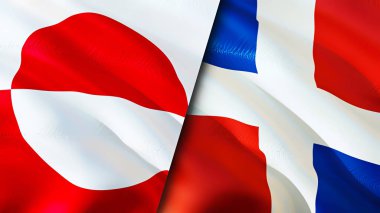 Grönland ve Dominik Cumhuriyeti bayrakları. 3 boyutlu dalgalanan bayrak tasarımı. Grönland Dominik Cumhuriyeti bayrağı, resim, duvar kağıdı. Grönland, Dominik Cumhuriyeti 'ne karşı, görüntü 3 boyutlu. Grönland Dominikli