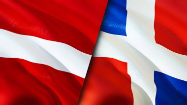 Letonya ve Dominik Cumhuriyeti bayrakları. 3 boyutlu dalgalanan bayrak tasarımı. Letonya Dominik Cumhuriyeti bayrağı, resim, duvar kağıdı. Letonya, Dominik Cumhuriyeti imajına karşı, 3 boyutlu canlandırma. Letonya Dominik Cumhuriyeti ilişkileri