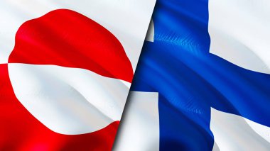 Grönland ve Finlandiya bayrakları. 3 boyutlu dalgalanan bayrak tasarımı. Grönland Finlandiya bayrağı, resim, duvar kağıdı. Grönland, Finlandiya 'ya karşı. Görüntü 3D. Grönland Finlandiya ilişkileri ittifak ve ticaret, seyahat, turnuva