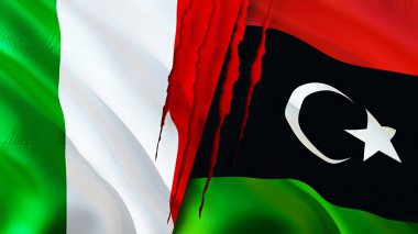 Yara izi olan İtalya ve Libya bayrakları. Dalgalanan bayrak, 3 boyutlu görüntüleme. İtalya ve Libya çatışma konsepti. İtalya Libya ilişkileri kavramı. İtalya ve Libya krizi bayrağı, savaş, saldırı konsepti