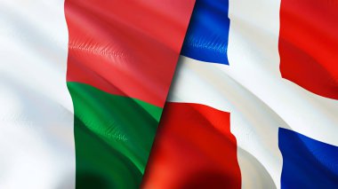 Madagaskar ve Dominik Cumhuriyeti bayrakları. 3 boyutlu dalgalanan bayrak tasarımı. Madagaskar Dominik Cumhuriyeti bayrağı, resim, duvar kağıdı. Madagaskar, Dominik Cumhuriyeti imajına karşı, 3 boyutlu canlandırma. Madagaskar Dominika