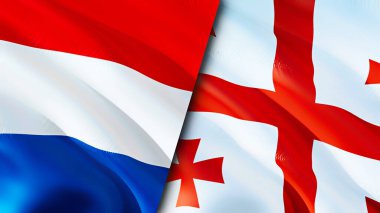 Hollanda ve Gürcistan bayrakları. 3 boyutlu dalgalanan bayrak tasarımı. Hollanda Gürcistan bayrağı, resim, duvar kağıdı. Hollanda, Gürcistan 'ın imajına karşı, 3D görüntüleme. Hollanda Gürcistan ilişkileri ittifakı