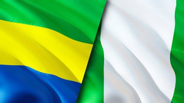 Gabon ve Nijerya bayrakları. 3 boyutlu dalgalanan bayrak tasarımı. Gabon Nijerya bayrağı, resim, duvar kağıdı. Gabon, Nijerya 'ya karşı, görüntü 3 boyutlu. Gabon Nijerya ilişkileri ittifak ve ticaret, seyahat, turizm konsepti