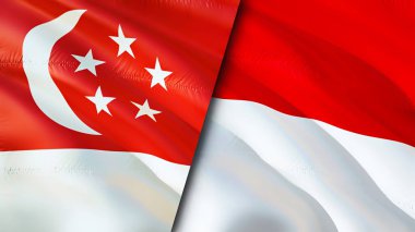 Singapur ve Monako bayrakları. 3 boyutlu dalgalanan bayrak tasarımı. Singapur Monako bayrağı, resim, duvar kağıdı. Singapur, Monako 'ya karşı, görüntü 3 boyutlu. Singapur Monako ilişkileri ittifak ve ticaret, seyahat, turnuva