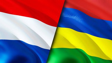 Hollanda ve Mauritius bayrakları. 3 boyutlu dalgalanan bayrak tasarımı. Hollanda Mauritius bayrağı, resim, duvar kağıdı. Hollanda, Mauritius 'un 3D görüntüsüne karşı. Hollanda Mauritius ilişkileri bir ittifak