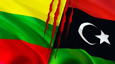 Yara izi olan Litvanya ve Libya bayrakları. Dalgalanan bayrak, 3 boyutlu görüntüleme. Litvanya ve Libya çatışma konsepti. Litvanya Libya ilişkileri kavramı. Litvanya bayrağı ve Libya krizi, savaş, saldırı konsepti