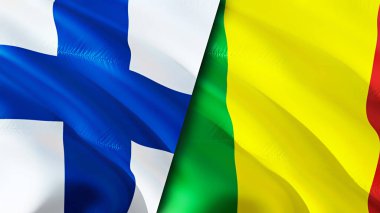 Finlandiya ve Mali bayrakları. 3 boyutlu dalgalanan bayrak tasarımı. Finlandiya Mali bayrağı, resim, duvar kağıdı. Finlandiya, Mali 'ye karşı imaj, 3D görüntüleme. Finlandiya Mali ilişkileri ittifak ve ticaret, seyahat, turizm danışmanlığı