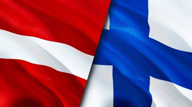 Letonya ve Finlandiya bayrakları. 3 boyutlu dalgalanan bayrak tasarımı. Letonya Finlandiya bayrağı, resim, duvar kağıdı. Letonya, Finlandiya 'ya karşı imaj, 3D görüntüleme. Letonya Finlandiya ilişkileri ittifak ve ticaret, seyahat, turizm danışmanlığı