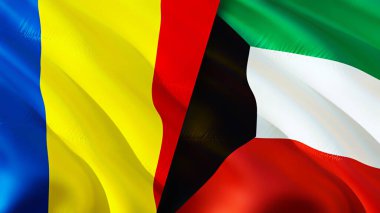 Romanya ve Kuveyt bayrakları. 3 boyutlu dalgalanan bayrak tasarımı. Romanya Kuveyt bayrağı, resim, duvar kağıdı. Romanya Kuveyt 'e karşı, görüntü 3D. Romanya Kuveyt ilişkileri ittifak ve ticaret, seyahat ve turizm consepti