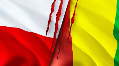 Yara izi olan Polonya ve Gine bayrakları. Dalgalanan bayrak, 3 boyutlu görüntüleme. Polonya ve Gine çatışması konsepti. Polonya Gine ilişkileri kavramı. Polonya bayrağı ve Gine krizi, savaş, saldırı konsepti