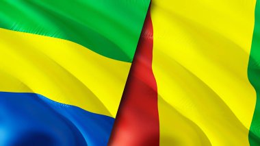Gabon ve Gine bayrakları. 3 boyutlu dalgalanan bayrak tasarımı. Gabon Gine bayrağı, resim, duvar kağıdı. Gabon vs Gine imajı, 3D görüntüleme. Gabon Gine ilişkileri ittifak ve ticaret, seyahat, turizm konsepti
