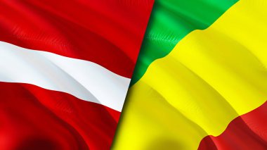 Letonya ve Kongo bayrakları. 3 boyutlu dalgalanan bayrak tasarımı. Letonya Kongo bayrağı, resim, duvar kağıdı. Letonya, Kongo 'ya karşı görüntüsü, 3 boyutlu görüntüleme. Letonya Kongo ilişkileri ittifak ve ticaret, seyahat, turizm konsepti