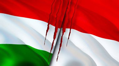 Yara izi olan Macaristan ve Monako bayrakları. Dalgalanan bayrak, 3 boyutlu görüntüleme. Macaristan ve Monako çatışma konsepti. Macaristan Monako ilişkileri kavramı. Macaristan bayrağı ve Monako krizi, savaş, saldırı konsepti