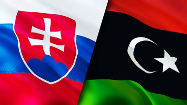Slovakya ve Libya bayrakları. 3 boyutlu dalgalanan bayrak tasarımı. Slovakya Libya bayrağı, resim, duvar kağıdı. Slovakya, Libya imajına karşı, 3D görüntüleme. Slovakya Libya ilişkileri ittifak ve ticaret, seyahat, turizm konsepti