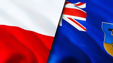 Polonya ve Montserrat bayrakları. 3 boyutlu dalgalanan bayrak tasarımı. Polonya Montserrat bayrağı, resim, duvar kağıdı. Polonya, Montserrat 'a karşı, 3 boyutlu görüntü. Polonya Montserrat ilişkileri ittifak ve ticaret, seyahat, turnuva