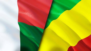 Madagaskar ve Kongo bayrakları. 3 boyutlu dalgalanan bayrak tasarımı. Madagaskar Kongo bayrağı, resim, duvar kağıdı. Madagaskar, Kongo 'ya karşı, görüntü 3 boyutlu. Madagaskar Kongo ilişkileri ittifak ve ticaret, seyahat, turnuva
