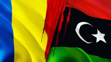 Romanya ve Libya yara izi kavramına sahip bayraklar. Dalgalanan bayrak, 3 boyutlu görüntüleme. Romanya ve Libya ihtilaf konsepti. Romanya Libya ilişkileri kavramı. Romanya ve Libya krizi bayrağı, savaş, saldırı konsepti