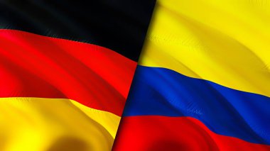 Almanya ve Kolombiya bayrakları. 3 boyutlu dalgalanan bayrak tasarımı. Almanya Kolombiya bayrağı, resim, duvar kağıdı. Almanya, Kolombiya 'ya karşı, görüntü 3 boyutlu. Almanya Kolombiya ilişkileri ittifak ve ticaret, seyahat, turnuva