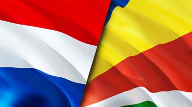Hollanda ve Seyşeller bayrakları. 3 boyutlu dalgalanan bayrak tasarımı. Hollanda Seyşeller bayrağı, resim, duvar kağıdı. Hollanda, Seyşeller 'in 3D görüntüsüne karşı. Hollanda Seyşeller ilişkileri ittifakı