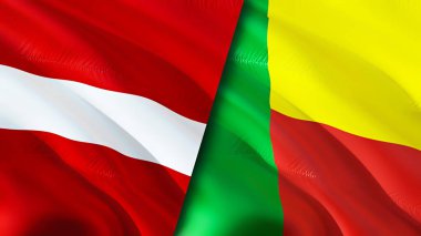 Letonya ve Benin bayrakları. 3 boyutlu dalgalanan bayrak tasarımı. Letonya Benin bayrağı, resim, duvar kağıdı. Letonya vs Benin imajı, 3D görüntüleme. Letonya Benin ilişkileri ittifak ve ticaret, seyahat, turizm konsepti