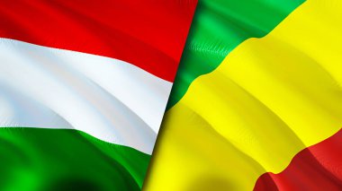 Macaristan ve Kongo bayrakları. 3 boyutlu dalgalanan bayrak tasarımı. Macaristan Kongo bayrağı, resim, duvar kağıdı. Macaristan, Kongo 'ya karşı, görüntü 3D. Macaristan Kongo ilişkileri ittifak ve ticaret, seyahat, turizm konsepti