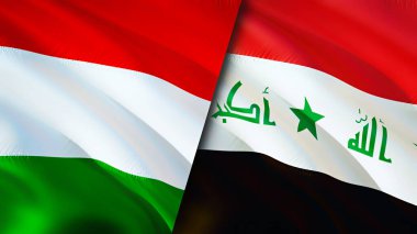 Macaristan ve Irak bayrakları. 3 boyutlu dalgalanan bayrak tasarımı. Macaristan Irak bayrağı, resim, duvar kağıdı. Macaristan Irak 'a karşı, görüntü 3D. Macaristan Irak ilişkileri ittifak ve ticaret, seyahat, turizm konsepti