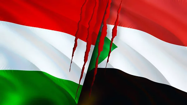 Hungary Sudan Flags Scar Concept Waving Flag Rendering Hungary Sudan — Stock Photo, Image