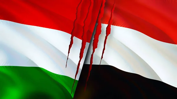 Magyarország Jemen Hegkoncepcióval Jelöli Zászlót Lengő Zászló Renderelés Magyarország Jemen — Stock Fotó